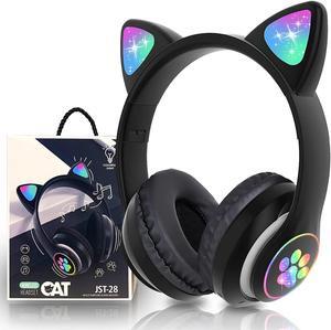 kerhand bluetooth headphones for kids, cute ear cat ear led light up foldable headphones stereo over ear with microphone/tf card wireless headphone for iphone/ipad/smartphone/laptop/pc/tv (black)