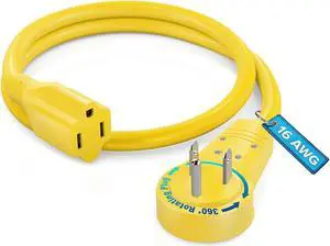 maximm cable 1 foot 360 rotating flat plug extension cord/wire, 3 prong grounded wire 16 awg power cord - yellow - ul certified