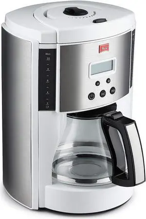 melitta aroma enhance drip coffee maker, with glass carafe, 10 cups capacity, white