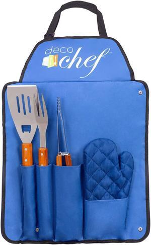deco chef 5 piece bbq tool set, custom blue apron, stainless steel grilling utensils - spatula, fork, tongs, and oven mitt