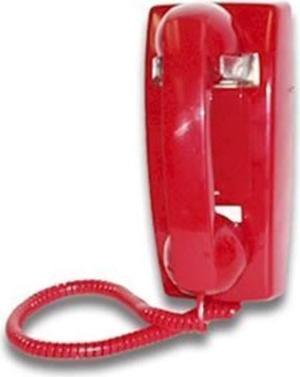 red no dial wall phone with ringer