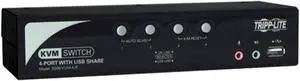 tripp lite 4-port kvm switch with 2 port usb 2.0 hub, audio, cable kit, osd and peripheral sharing, usb or ps/2 (b006-vua4-k-r)