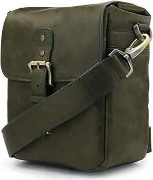megagear torres mini mg1701 genuine leather camera messenger bag for mirrorless, instant and dslr cameras - khaki green