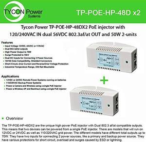 Tycon TP-POE-HP-48DX2 120/240VAC In, Dual 56VDC 802.3af/at Out 50W