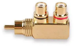 RCA Splitter,RCA Male to 2 RCA Female Right Angle Plug Splitter Adapters M/F Gold-Plated Metal Connector,gold