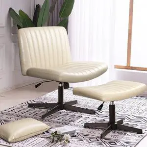 BOSSIN Armless Desk Chair No Wheels with Ottoman&Lumbar Support,PU Leather Padded Modern Swivel Home Office Chair,Height Adjustable Wide Seat Cross Legged Computer Task Chair for Living Room