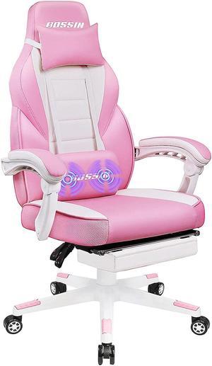 BOSSIN Racing Style Gaming Chair Office Computer Desk Chair with Footrest and Headrest, Ergonomic Design, Large Size High-Back E-Sports Chair, PU Leather Swivel Chair Sillas Gaming(Pink)
