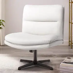 BOSSIN Armless Office Desk Chair No Wheels,PU Leather Criss Cross Legged Chair for Home Office,Modern Swivel Vanity Chair,Mid-Back Computer Chair,Height Adjustable Wide Seat Task Chair