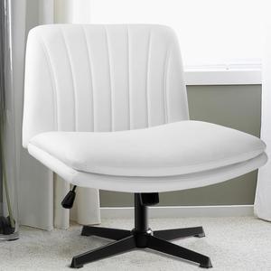 BOSSIN PU Leather Armless Office Desk Chair No Wheels,Criss Cross Legged Wide Padded Seat Swivel Vanity Chair,120°Rocking Mid Back Ergonomic Computer Task Chair for Make Up,Small Space