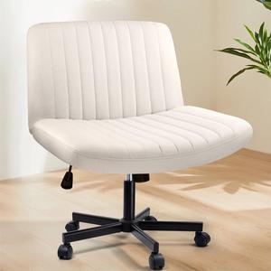 BOSSIN Cross Chair with Wheels, Cross Legged Office Vanity Chair with Wheels, Comfortable Beige Vanity Chair with Back, Armless Fabric Adjustable Wide Swivel Criss Cross Desk Chair for Home Office