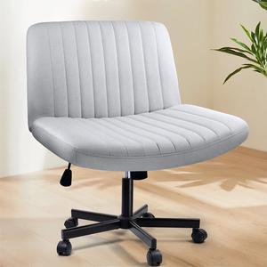 BOSSIN Cross Chair with Wheels, Cross Legged Office Vanity Chair with Wheels, Comfortable Grey Vanity Chair with Back, PU Leather Armless Wide Swivel Criss Cross Desk Chair for Home Office
