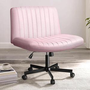 BOSSIN Criss Cross Chair with Wheels,Fabric Padded Armless Cross Legged Office Desk Chair for Home Office,Modern Swivel Height Adjustable Wide Seat Computer Task Vanity Chair(Pink)
