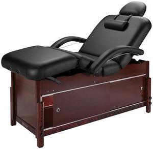 Master Massage 30" Cabrillo Stationary Massage Table Spa Salon Beauty Bed with Cabinet, Pneumatic Tilting Backrest and Leg Rest (26" to 36" adjustable height), Black with Walnut Legs