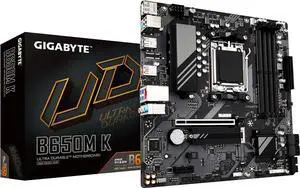 GIGABYTE B650M K AM5 LGA 1718 AMD B650 M-ATX Motherboard, DDR5, 2x PCIe 4.0 M.2, PCIe 4.0, USB 3.2 Gen2 Type-C, 2.5GbE LAN GIGABYTE B650M K AM5 LGA 1718 AMD B650 M-ATX Motherboard, DDR5, 2x PCIe 4.0 M.2, PCIe 4.0, USB 3.2 Gen2 Type-C, 2.5GbE LAN