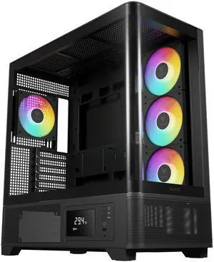 Gamdias ATLAS P2 CG, CPU GPU temp screen, curved tank style with mesh air flow, 4x ARGB 120mm fans, RGB 5v 3pin sync, 1 piece curved tempered glass, ATX, MATX, ITX.