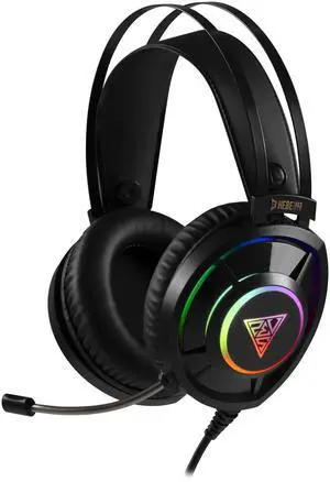 HEBE M3 headset, inline volume and mic control, 50mm Speakers, RGB lighting effects, Omnidirectional Microphone, weight 0.68 lbs, USB cable length 6.5 ft.