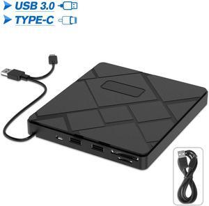 External DVD CD Drive, USB 3.0 Type C Portable CD/DVD +/-RW Disk Player Burner Writer with SD/TF Card Reader/2 USB Hub Data Transfer for Mac OS MacBook Pro/Air iMac Laptop Windows Desktop