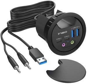 In Desk USB 3.0 Hub with Audio Jack – THC06-VI (2x USB Type A, 2x USB C) USB Power Port Charger Extension Outlet for 60mm and 80mm Grommet Hole, Desktop Cable Organizer, Headsets Mic Charging Adapter
