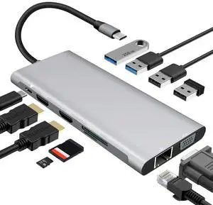 Freequeen USB C Hub,11 in 1 Triple Display Type C Hub to Dual 4K HDMI & VGA,Ethernet,65W PD,SD/TF Card Reader,2 USB 3.0,2 USB 2.0 for MacBook/Pro/Air and Type C Windows Laptops