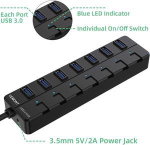 USB HUB 3.0, Super Speed 7-Port USB Data Hub with Individual On/Off Switches and Power LED, with 4ft/1.2m Long Cable USB Extension for Laptop?PC Computer and More