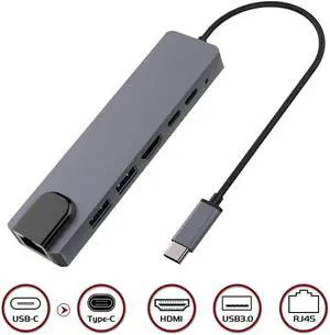 USB C Hub, USB Type C Adapter with 4K HDMI, RJ45 Ethernet, USB C Power Delivery, 2 USB 3.0 Ports, Compatible with MacBook Pro, Type-C Windows Laptops