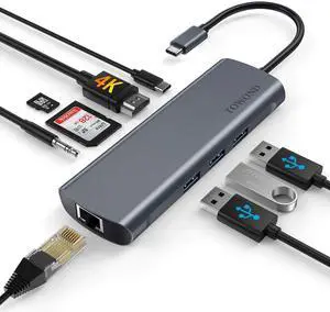 MacBook Pro USB Adapter USB C Hub, 9 in 1 Type C Dongle for Mac Pro/Air 2019 2018, USB-C to 4K HDMI Adapter with Ethernet,100W PD,3 USB 3.0 Ports,SD/TF Card Solts and Audio for Type C Devices