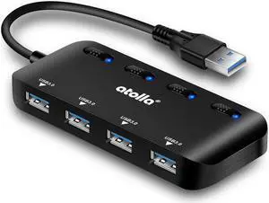 USB 3.0 Hub Splitter - USB Extender 4 Port USB Ultra Slim Data Hub with Individual Power Switch and LED