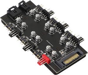 12V 4Pin PWM & 5V 3Pin ARGB with SATA 15Pin Power 2-in-1 Hub 6 Way Sync CPU Cooling Fan Addressable RGB Lighting PCB Splitter for Extended Motherboard Interface -Black