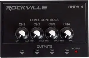 Rockville RHPA4 4-Channel Headphone Amplifier, Stereo/Mono Switch, Dual 1/4" and 3.5mm Outputs per Channel, USB Power, for Studio and Podcast Monitoring Rockville RHPA4 4-Channel Headphone Amplifier, Stereo/Mono Switch, Dual 1/4" and 3.5mm Outputs per Channel, USB Power, for Studio and Podcast Monitoring