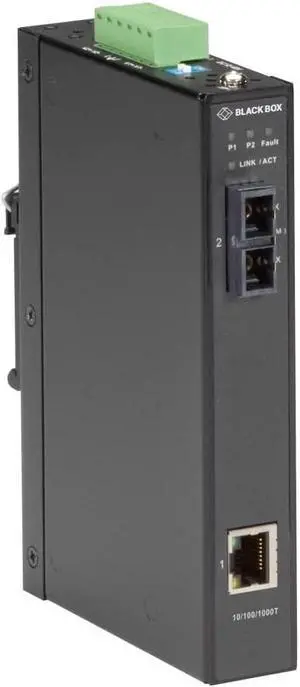 Black Box LGC280 Series Gigabit Industrial Media Converter - Multimode SC - 1 x Network (RJ-45) - 1 x SC Ports - DuplexSC Port - Multi-mode - Gigabit Ethernet - 10/100/1000Base-T, 1000Base-X - Rail-mo