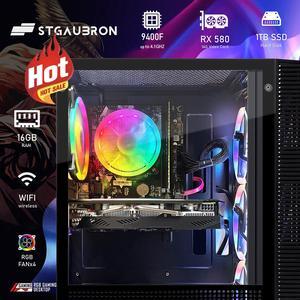 STGAubron Gaming Desktop PC, Intel Core i5-9400F up to 4.1GHz, Radeon RX 580 16G GDDR5, 16G RAM, 1T SSD, 600M WiFi, BT 5.0, RGB Fan x 4, RGB Keyboard & Mouse & Mouse Pad, W11H64