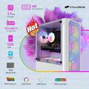 STGAubron Gaming Diamond Desktop, Intel Core I7 3.4 GHz up to 3.9 GHz, 16G RAM, 512G SSD, WIFI, BT 5.0, GTX 1660 Ti 6G GDDR6, RGB Fan x 6, RGB Keyboard & Mouse, RGB Mouse Pad, RGB BT Sound Bar, W10H64