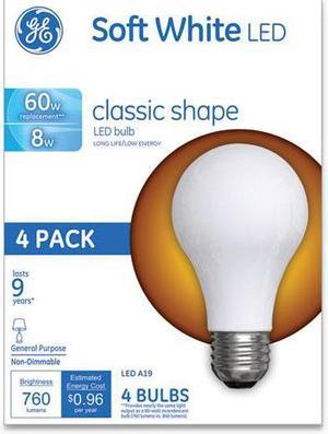 Classic LED Soft White Non-Dim A19 Light Bulb, 8W, 4/Pack