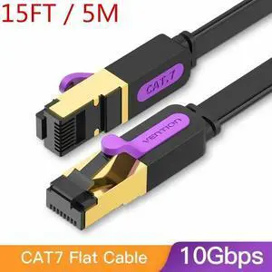 Cat7 Ethernet Cable, Vention Flat High Speed 10 Gigabit LAN Network Patch Cable with Clips, Faster Than Cat6 Cat5e, Shielded RJ45 Connectors for Xbox One, Switch, Router, Modem, Printer- Black/15ft