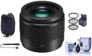 panasonic 25mm f/1.7 lumix g aspherical lens for micro 4/3 system  bundle with soft lens case, 46mm filter kit, cleaning kit, capleash ii