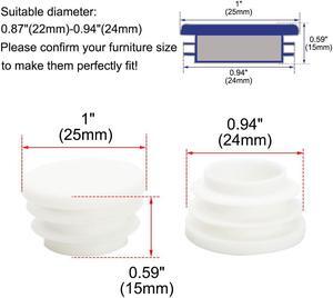 1" 25mm OD Plastic Round Ribbed Tube Insert Pipe End Cover Cap White 24pcs, 0.87"-0.94" Inner Dia, Furniture Chair Table Feet Floor Protector