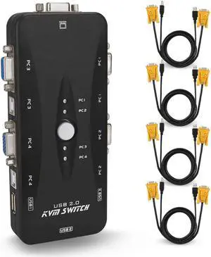 Werleo USB KVM Switch Box with VGA USB Cables for PC Monitor Keyboard Mouse Control 4 Port VGA KVM Switch