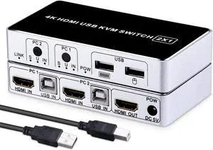 HDMI KVM Switch Werleo 4K 2 Port KVM Switch Keyboard Mouse Switcher Include 2 USB Type-B Cable Support 4k@30HZ 3D for Laptop PS4 Xbox one HDTV Monitor