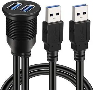 2 Ports Dual USB 3.0 Male to USB 3.0 Female AUX Flush Mount Car Mount Extension Cable for Car Truck Boat Motorcycle Dashboard Panel - 3ft