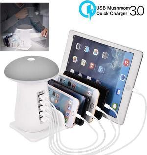 Werleo USB Charger Station with QC 3.0 Quick Charge 5 Port Fast Charging Dock with Mushroom LED Lamp Universal Charger Stand Organizer for Multiple Devices Phones Tablets