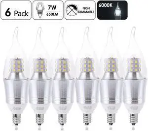 Werleo 7W E12 Bulb LED Candelabra Light Bulbs 60-75W Incandescent Equivalent Decorate Candle Base E12 Non-Dimmable Chandelier Bulb Cool White 6000K - 6 Packs