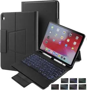 2018 New iPad Pro 11 Keyboard Case 7 Colors Backlit with Built-in Apple Pencil Holder Slim Folio Shell Protective Stand Cover Wireless Bluetooth Keyboard for Apple iPad Pro 11" Black