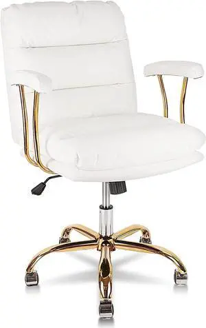 KLASIKA Ergonomic Office Desk Chair for Heavy People with Wheels and Arms, Faux Leather Computer Chair for Home Bedroom Office, White Chair Gold Caster