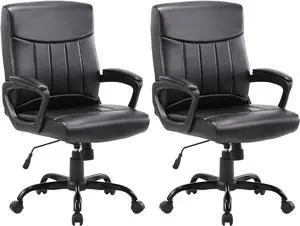 CLATINA Leather Office Executive Chair, Mid Back Computer Desk Chair with Lumbar Support and Padded Armrests, Ergonomic Adjustable Swivel Chair for Home, Black 2 PK