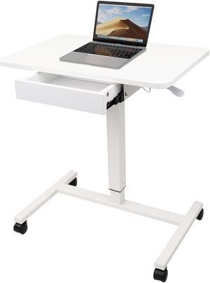 CLATINA Mobile Laptop Standing Desk, Height Adjustable Teacher Podium with Lockable Wheels, Adjustable Work Table with Drawer, Computer Cart Overbed Table for Home Office Classroom, White