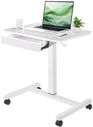 CLATINA Mobile Laptop Standing Desk, Height Adjustable Teacher Podium with Lockable Wheels, Adjustable Work Table with Drawer, Computer Cart Overbed Table for Home Office Classroom, White