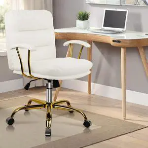 White and Gold Home Office Chair, Comfy Swivel Leather Desk Chair with Wheels and Armrests, Upholstered Task Computer Chair, Modern Height Adjustable Bedroom Vanity Chair, 300lb