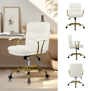 Klasika White and Gold Home Office Chair, Comfy Swivel Leather Desk Chair with Wheels and Armrests, Upholstered Task Computer Chair, Modern Height Adjustable Bedroom Vanity Chair, 300lb Klasika White and Gold Home Office Chair, Comfy Swivel Leather Desk Chair with Wheels and Armrests, Upholstered Task Computer Chair, Modern Height Adjustable Bedroom Vanity Chair, 300lb