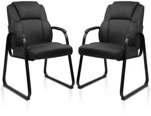 CLATINA Leather Guest Chair with Padded Arm Rest for Reception Meeting Conference and Waiting Room Side Office Home Black with Sled Base 2 Pack