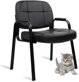 CLATINA Big & Tall 500 lbs Leather Office Reception Chair No Wheels with Padded Arms, Waiting Room Guest Chair for Elderly Home Desk Conference Room Lobby Side Salon Clinic, Black